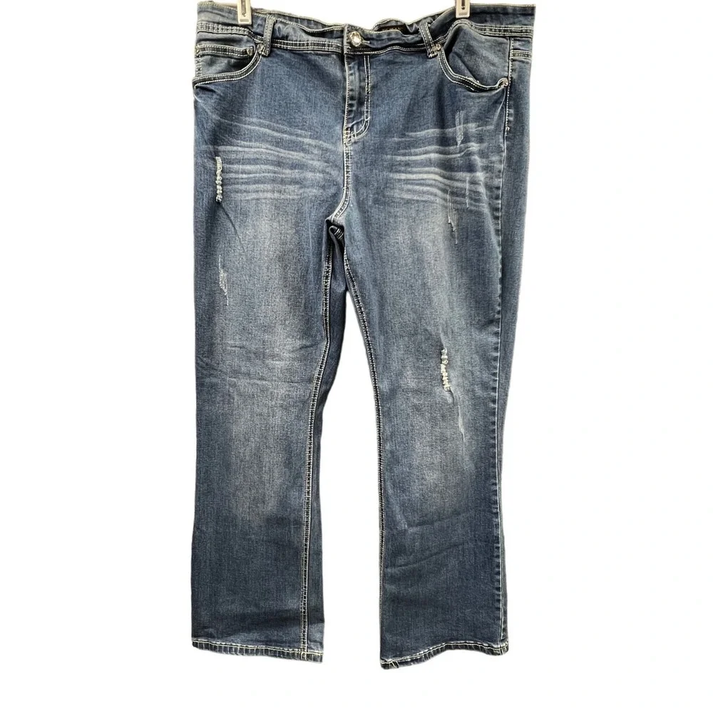 Elite Bootcut Denim Jeans Womens 19/20 Blue Distressed Stretch‎ Pant Embroidered